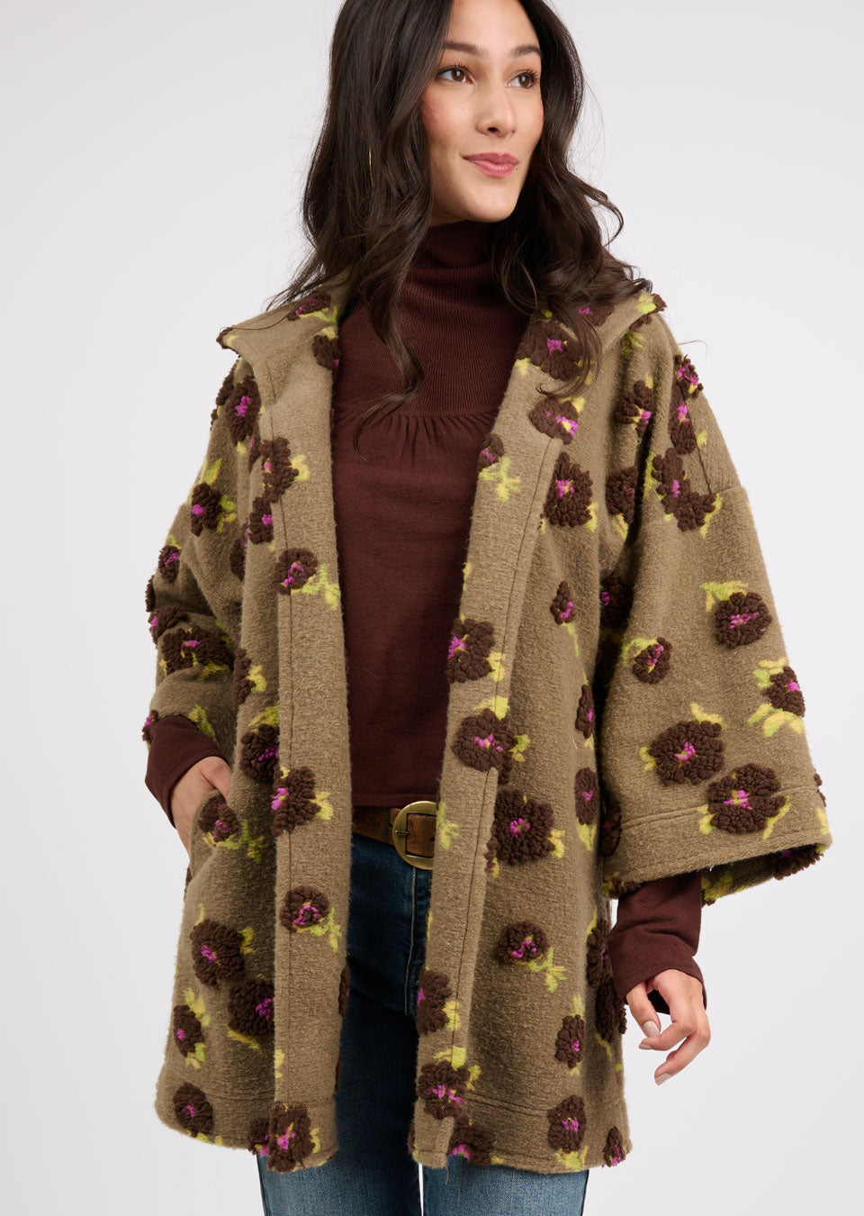 Ivy Jane Puff Floral Sherpa Jacket in mocha-front