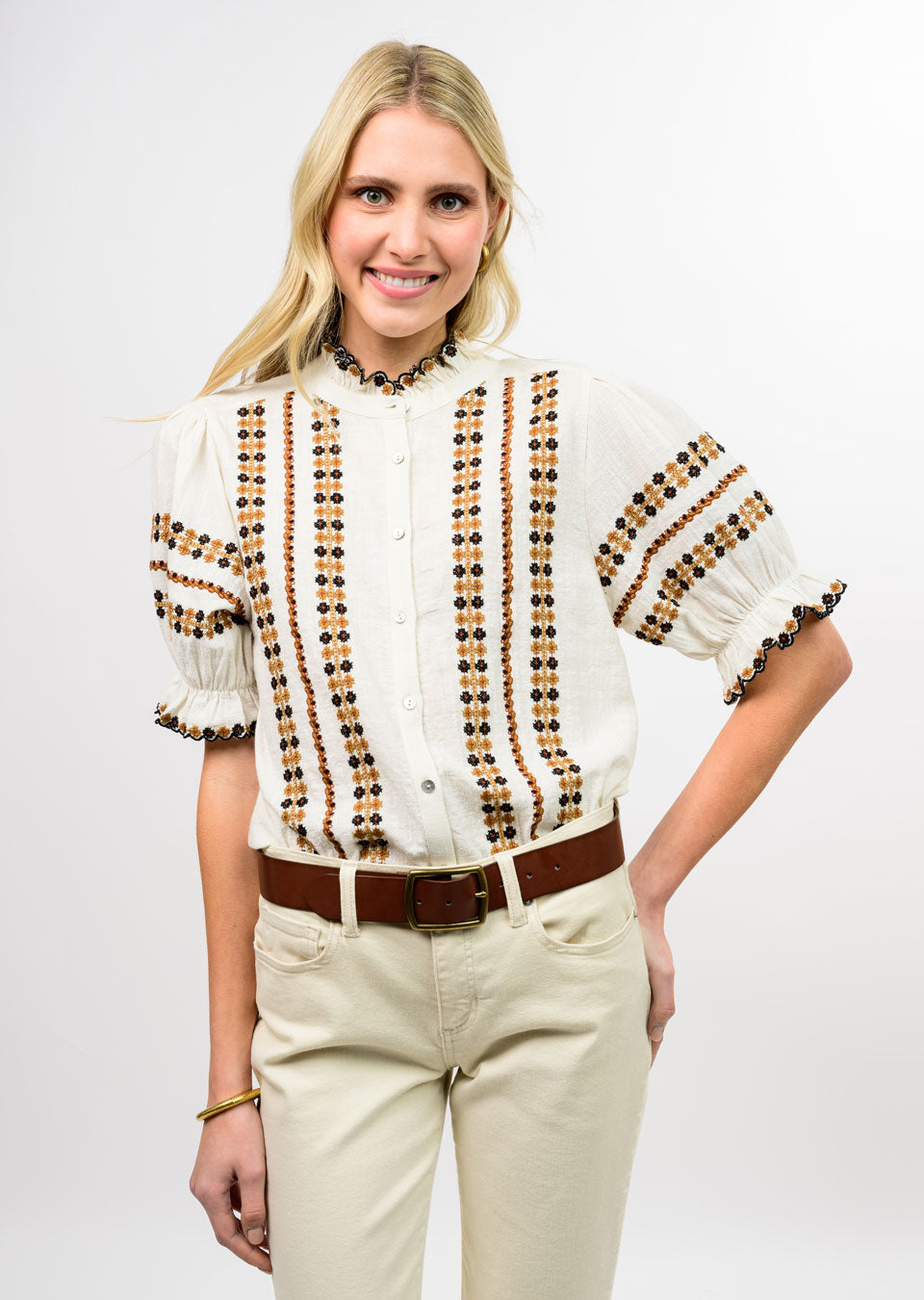 Ivy Jane Rows Of Embroidery Top ivory 