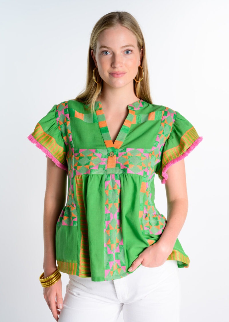 Ivy Jane Tiered Woven Fringe Top Green Multi