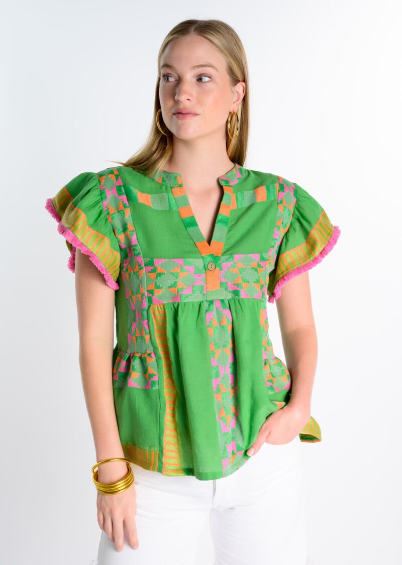 Ivy Jane Tiered Woven Fringe Top Green Multi