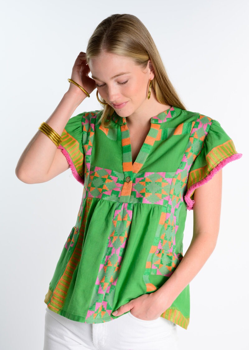 Ivy Jane Tiered Woven Fringe Top Green Multi