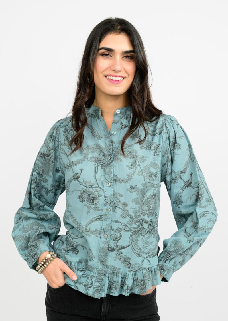 Ivy Jane Toile Ruffled Hem Shirt in blue