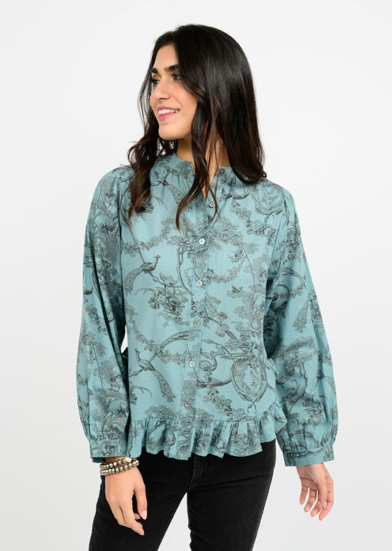 Ivy Jane Toile Ruffled Hem Shirt in blue