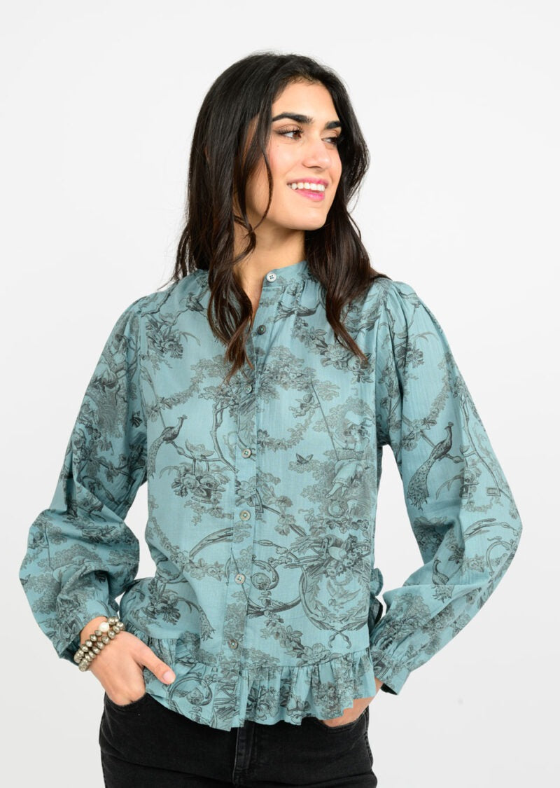 Ivy Jane Toile Ruffled Hem Shirt in blue