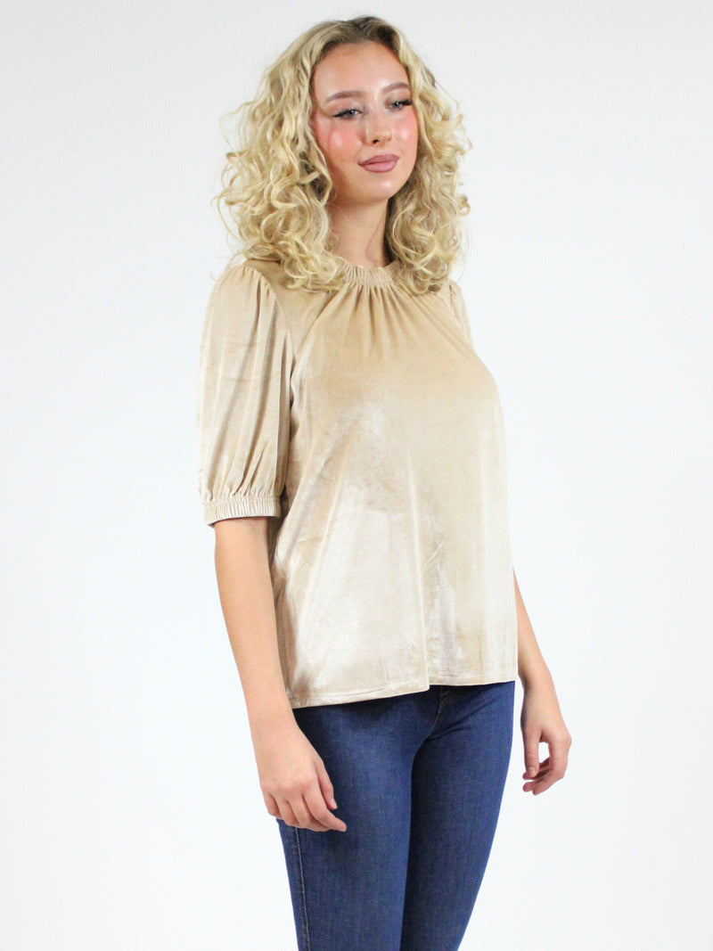 Ivy Jane Velvet Rouched Neck Top in cream-side