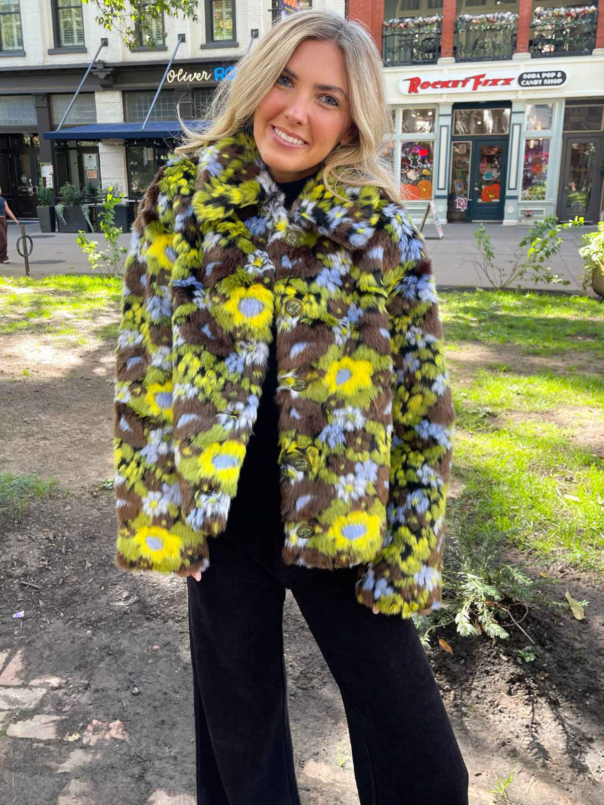 Ivy Jane Floral Faux Fur Jacket Brown