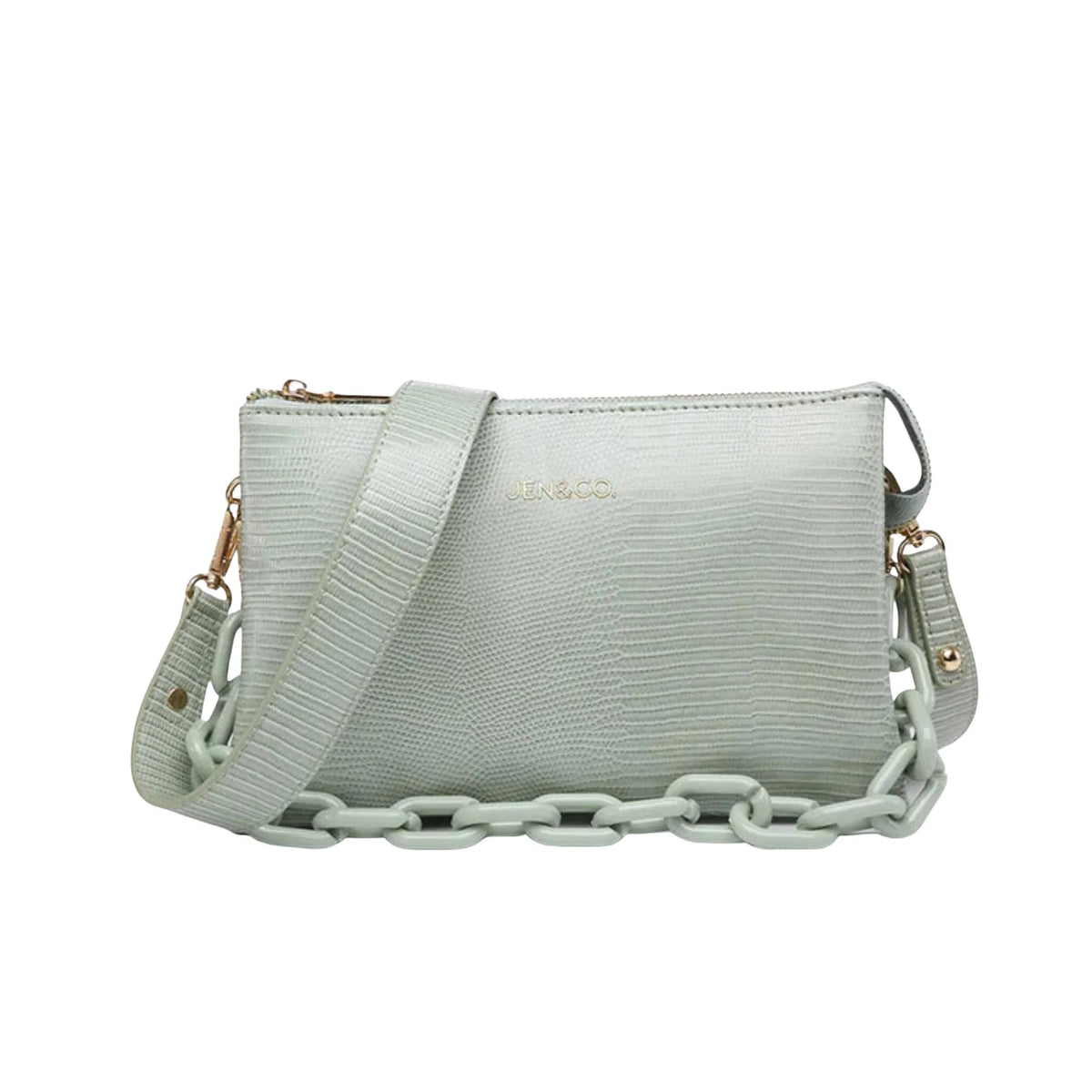 izzy lizard crossbody bag with chain strap in pale teal