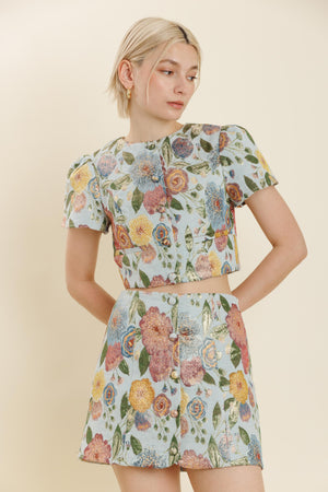 Blue Blossom Jacquard Cropped Jacket