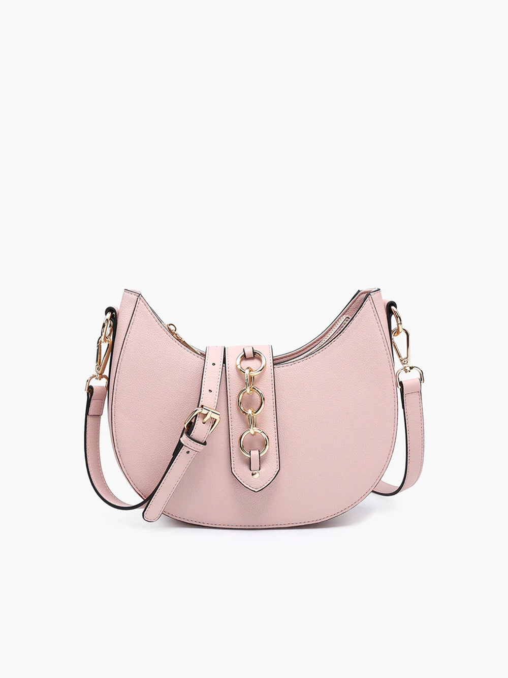 jen & co euphemia half-moon crossbody bag in pink vegan leather