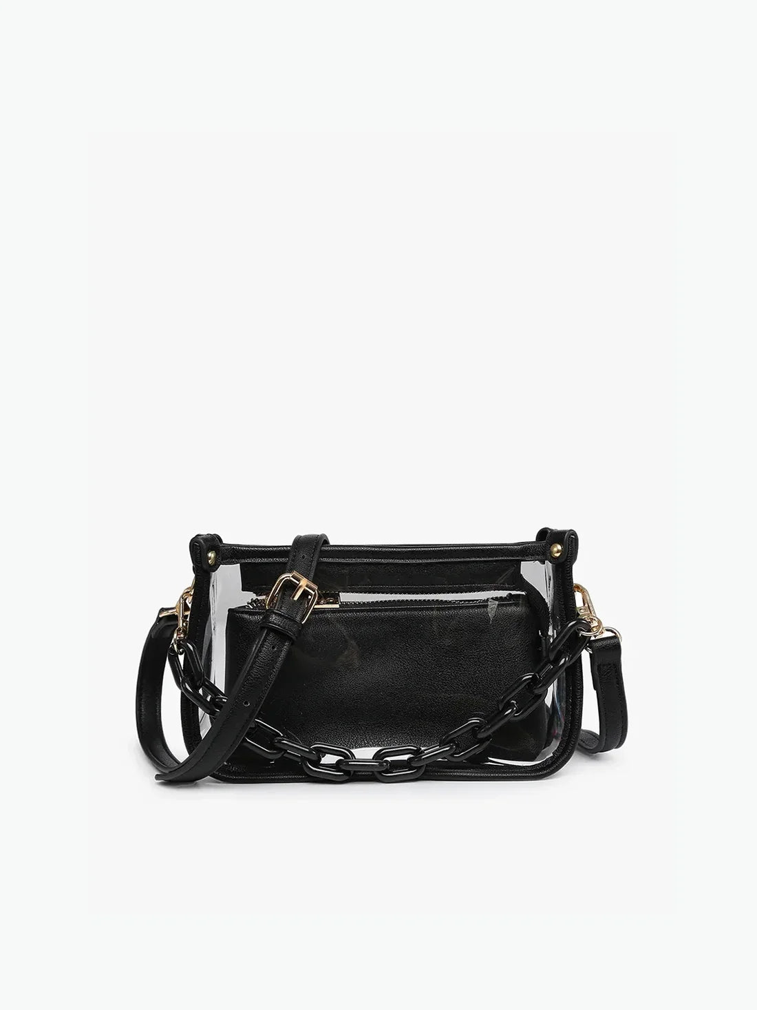 Jen & Co Jessica Clear Crossbody with Chain and Inner Privacy Pouch Black Vegan Leather Gameday