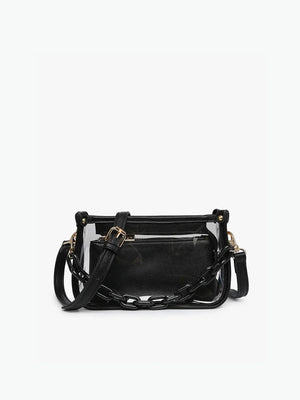 Jen & Co Jessica Clear Crossbody with Chain and Inner Privacy Pouch Black Vegan Leather Gameday