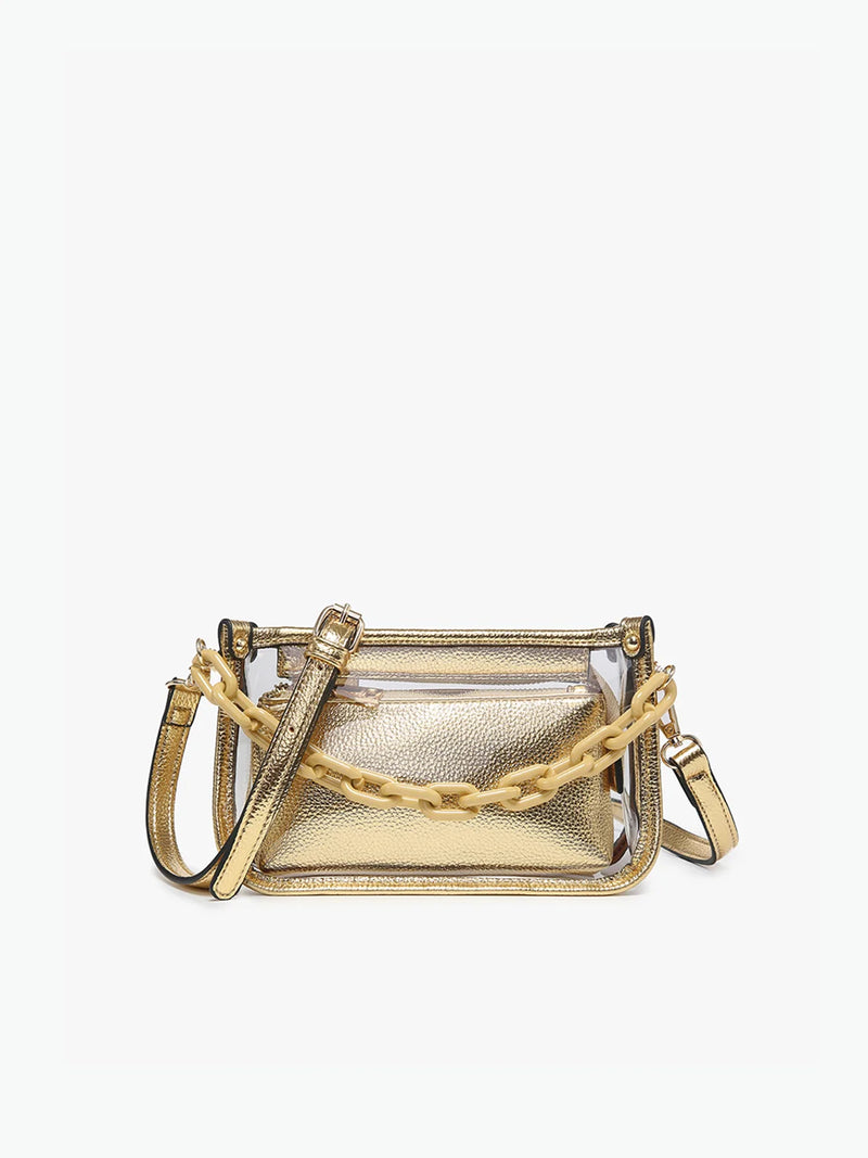 Jen & Co Jessica Clear Crossbody with Chain and Inner Privacy Pouch Gold Vegan Leather Gameday