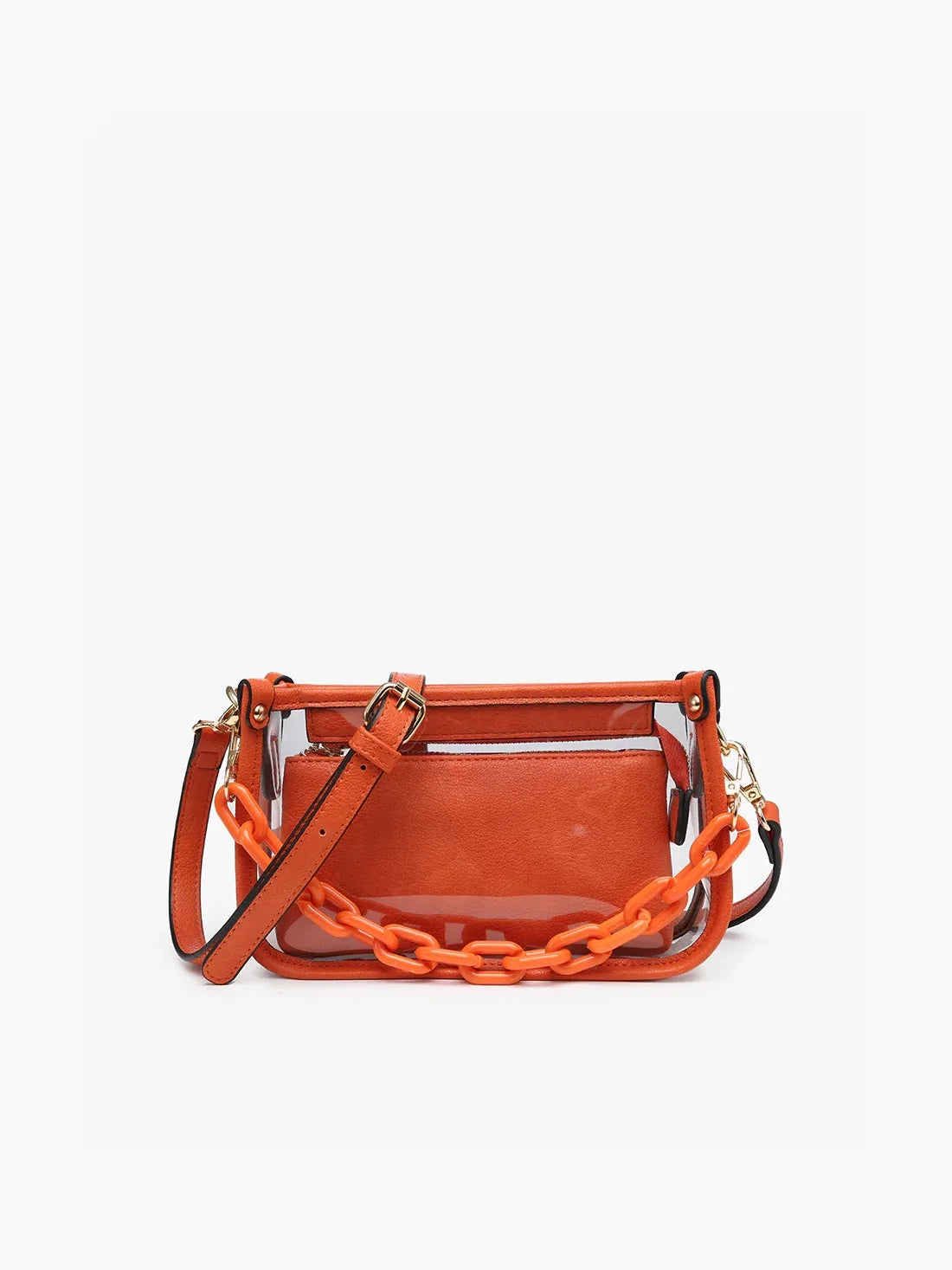 Jen & Co Jessica Clear Crossbody with Chain and Inner Privacy Pouch Orange Vegan Leather Tennessee Vols Gameday