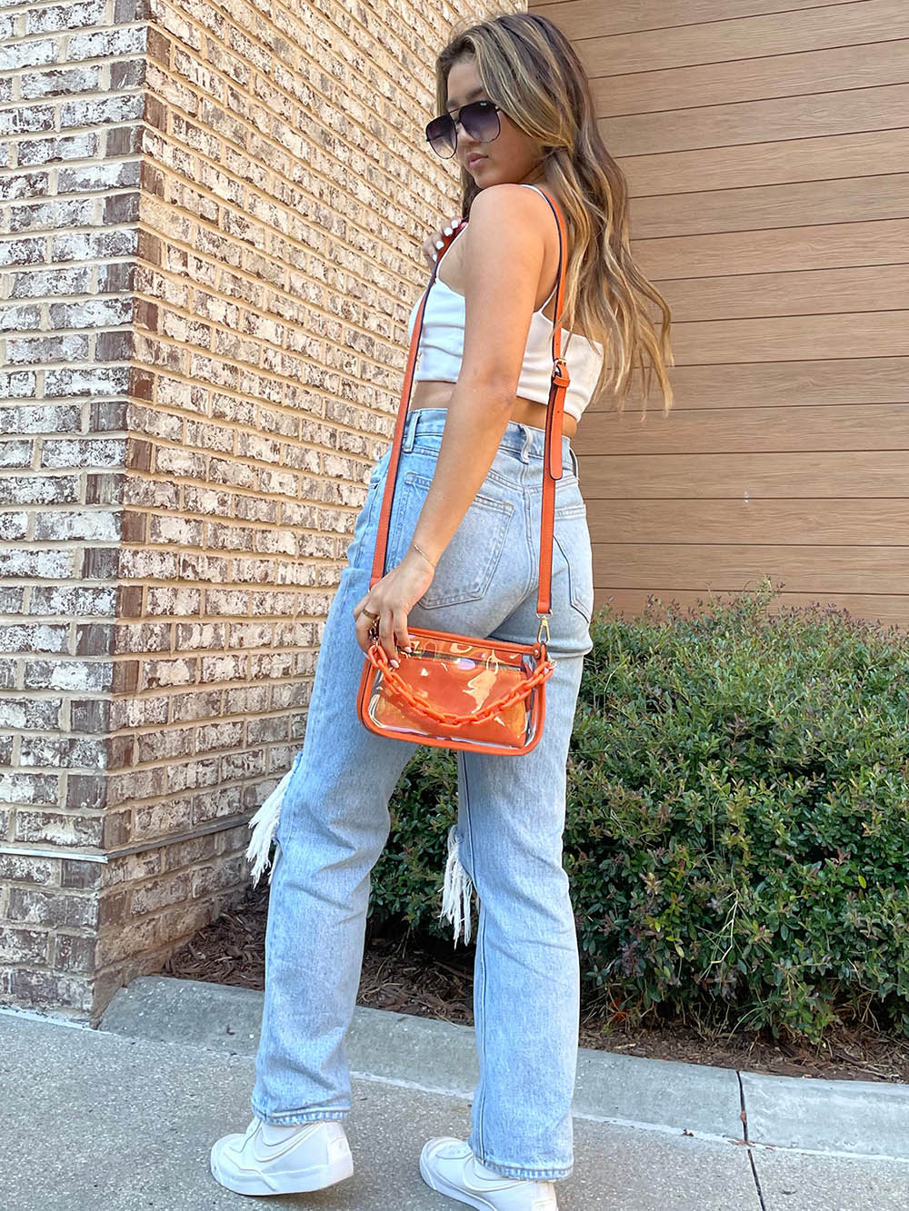 Jen & Co Jessica Clear Crossbody with Chain and Inner Privacy Pouch Orange Vegan Leather Tennessee Vols Gameday