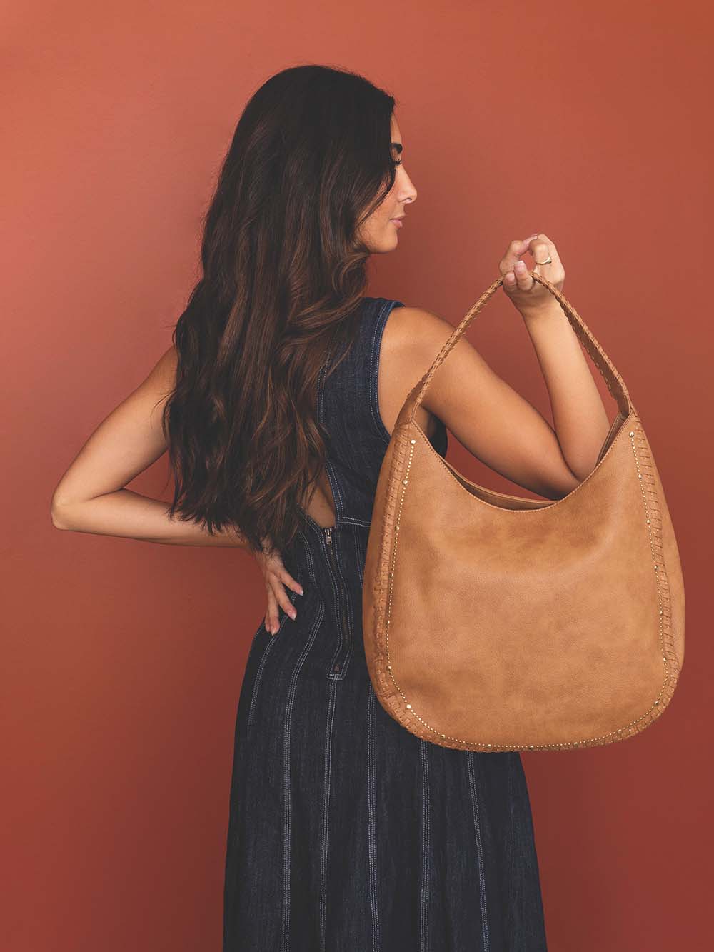 Jen & Co. Leslie Studded Whipstitch Hobo Bag Brown