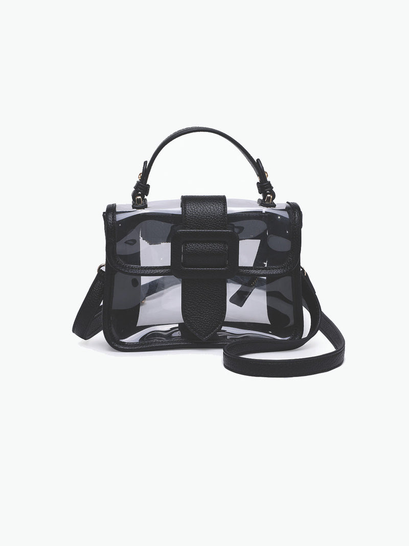 Jen & Co Toni Clear Flapover Crossbody Bag Black Vegan Leather Stadium Approved