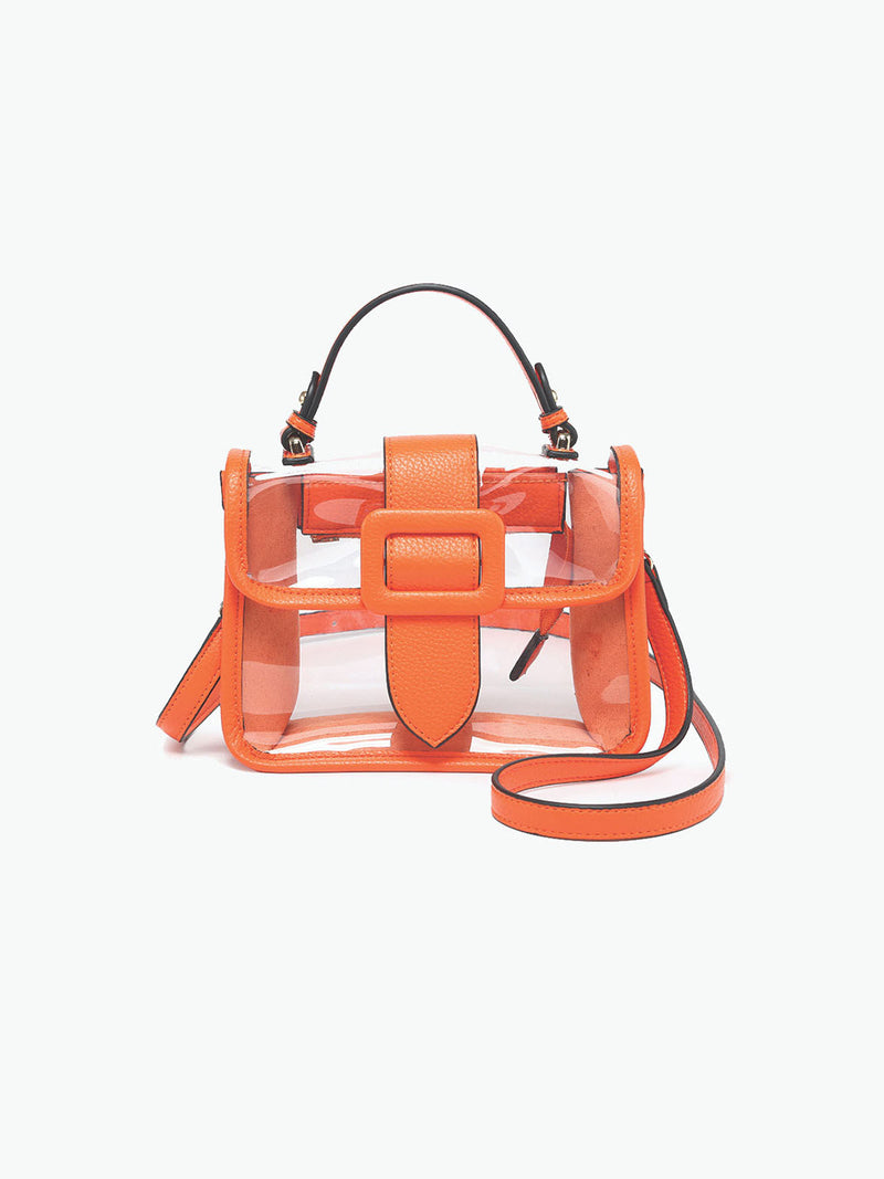 Jen & Co Toni Clear Flapover Crossbody Bag Orange Vegan Leather Stadium Approved