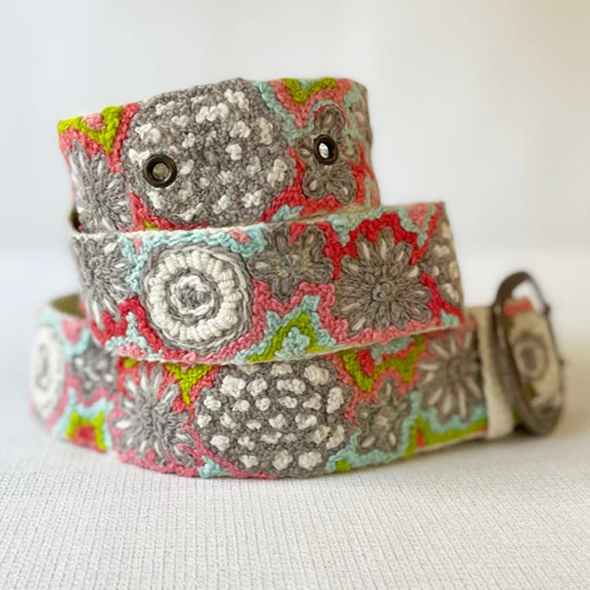 Jenny Krauss Flower Power Embroidered Wool Belt Multi-Color Pink Red Grey White Green Blue