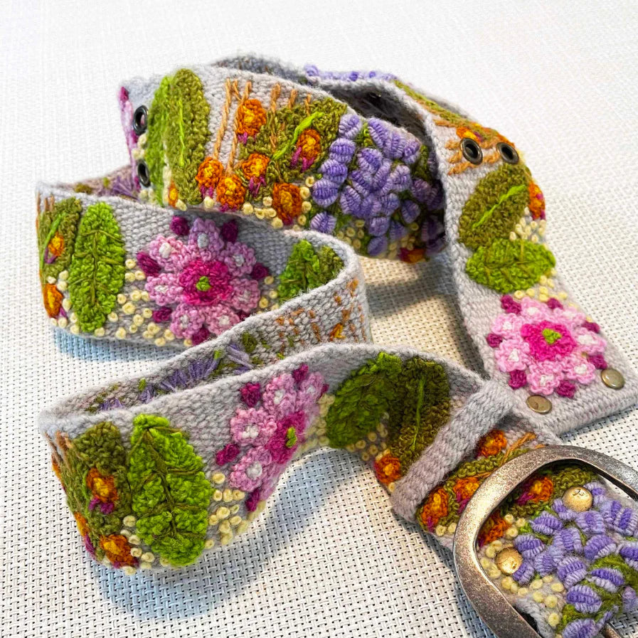 Jenny Krauss Freshwater Floral Embroidered Wool Belt Multicolor Green Purple Orange Pink