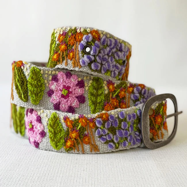 Jenny Krauss Freshwater Floral Embroidered Wool Belt Multicolor Green Purple Orange Pink