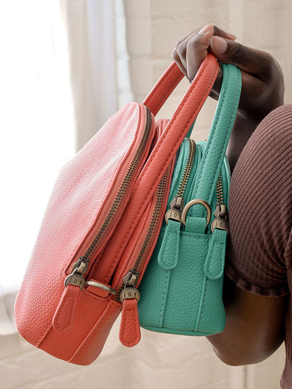 Joy Susan Larissa Double Zip Dome Crossbody Coral Vegan Leather