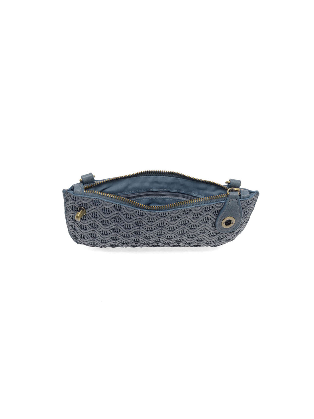 Joy Susan Lattice Woven Mini Crossbody Wristlet Clutch Denim Vegan Leather