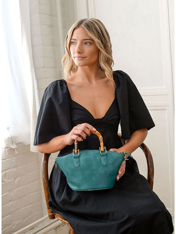 Joy Susan Millie Bamboo Handle Basket Crossbody Teal Vegan Leather