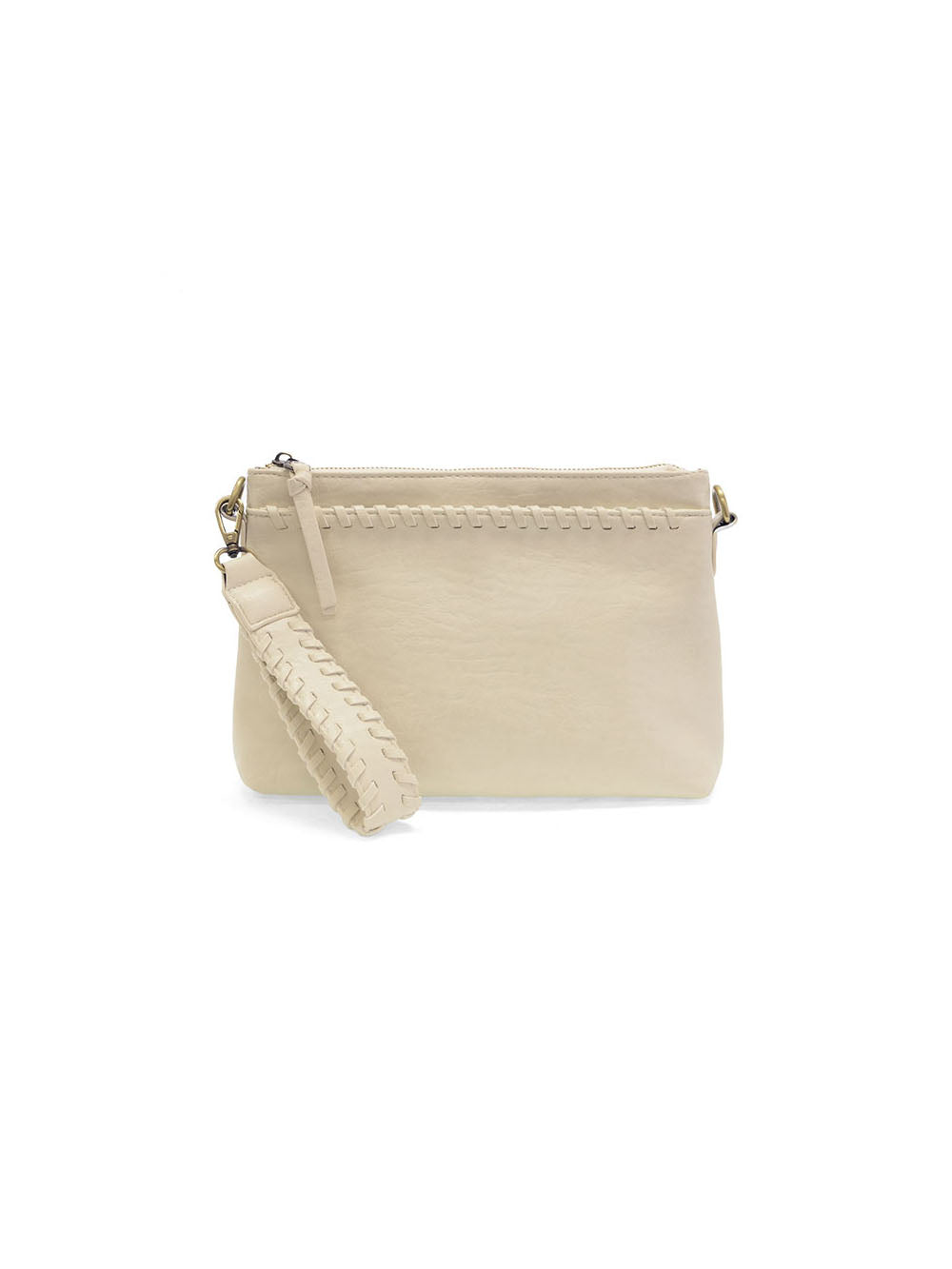 Joy Susan Oakley Whipstitch Top Zip Wristlet Crossbody Cream Vegan Leather