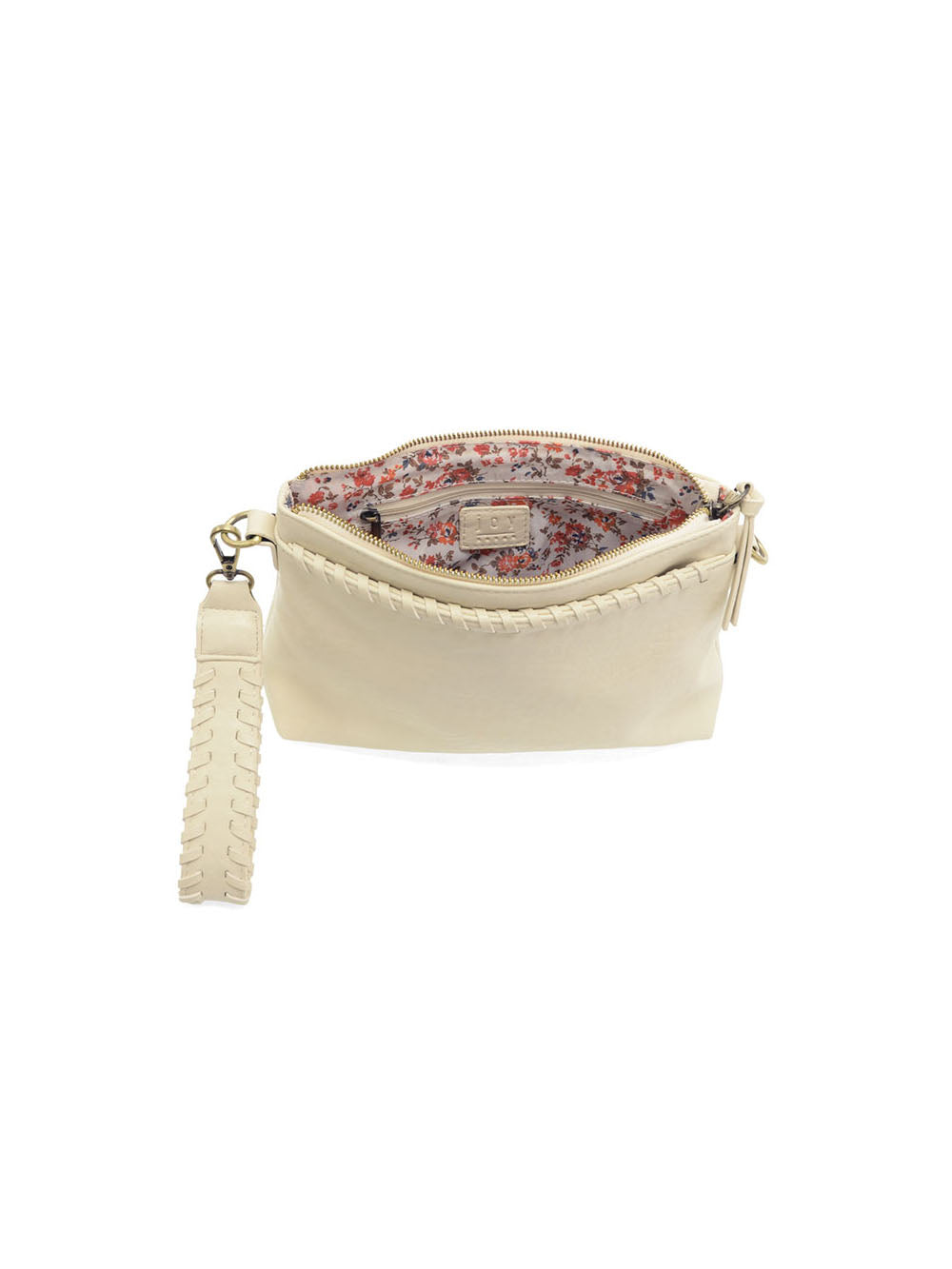 Joy Susan Oakley Whipstitch Top Zip Wristlet Crossbody Cream Vegan Leather