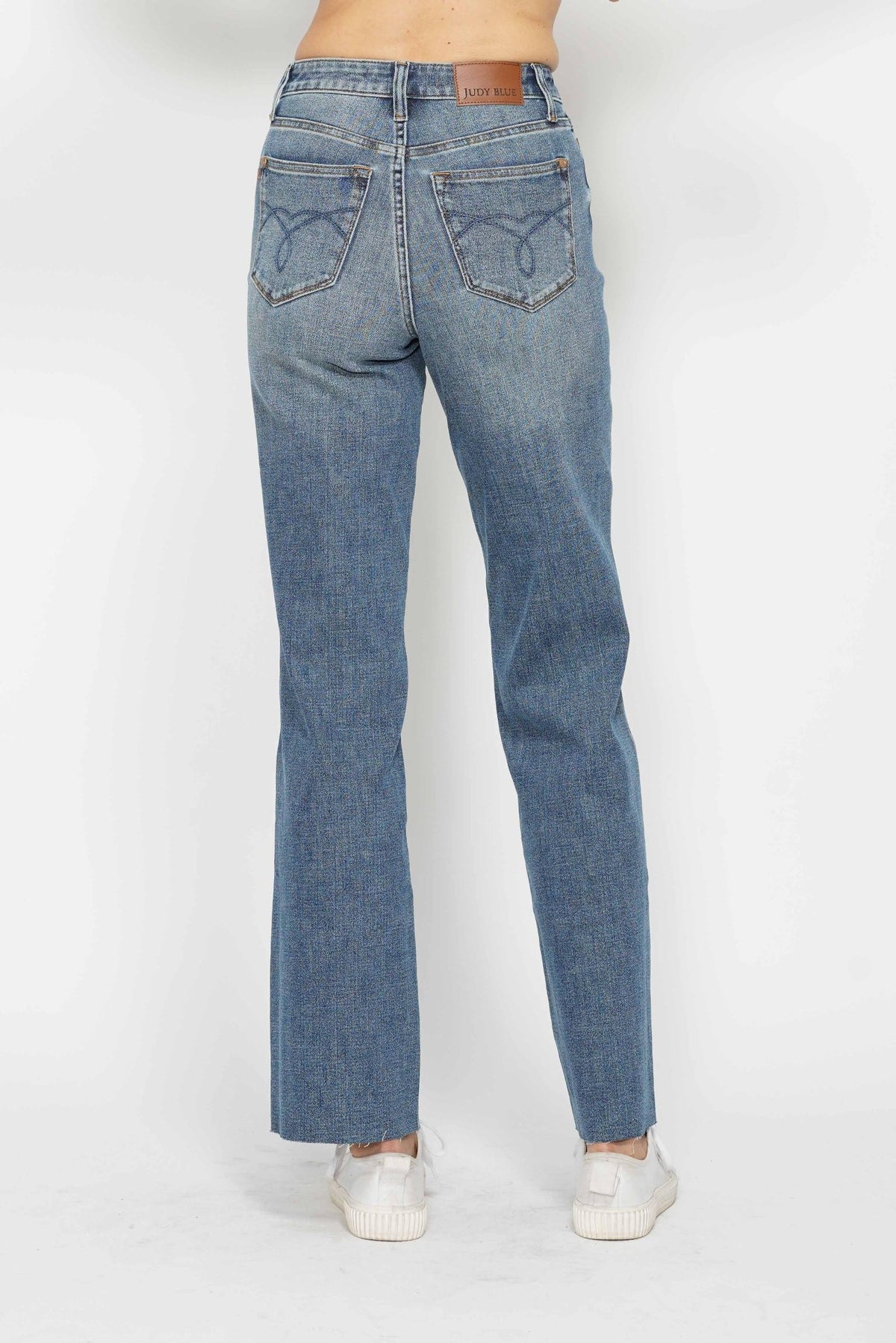 judy blue high rise tummy control raw cut hem straight leg jeans medium wash-back