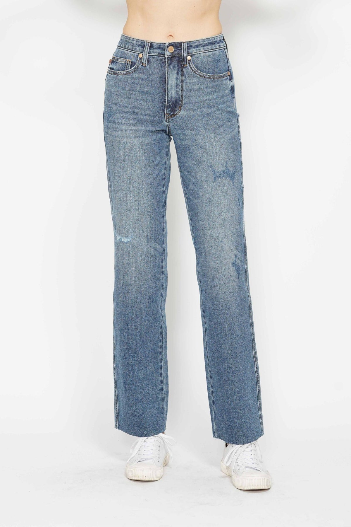 judy blue high rise tummy control raw cut hem straight leg jeans medium wash-front