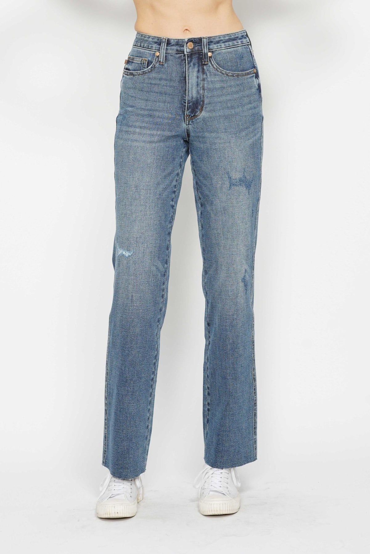 judy blue high rise tummy control raw cut hem straight leg jeans medium wash-front