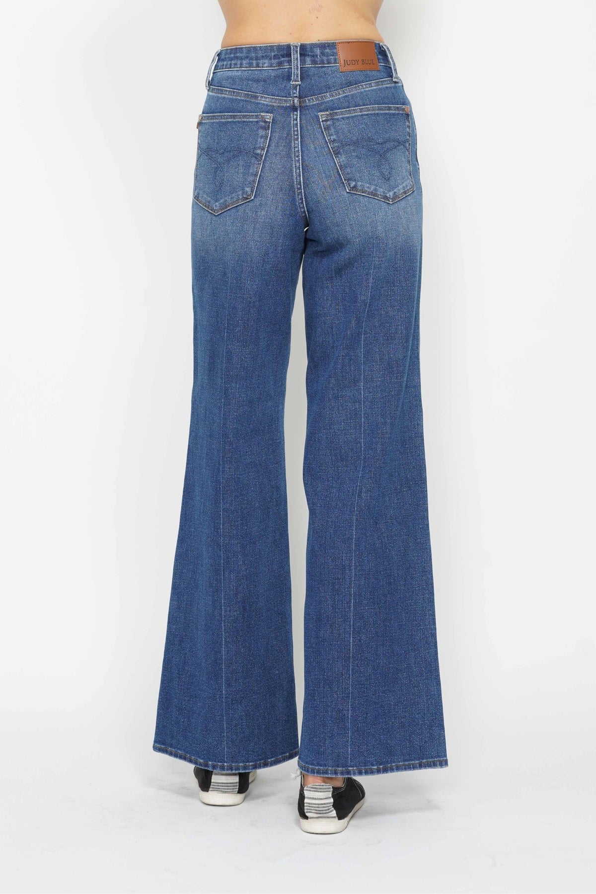 juddy blue high rise tummy control retro wide leg jeans in dark wash-back