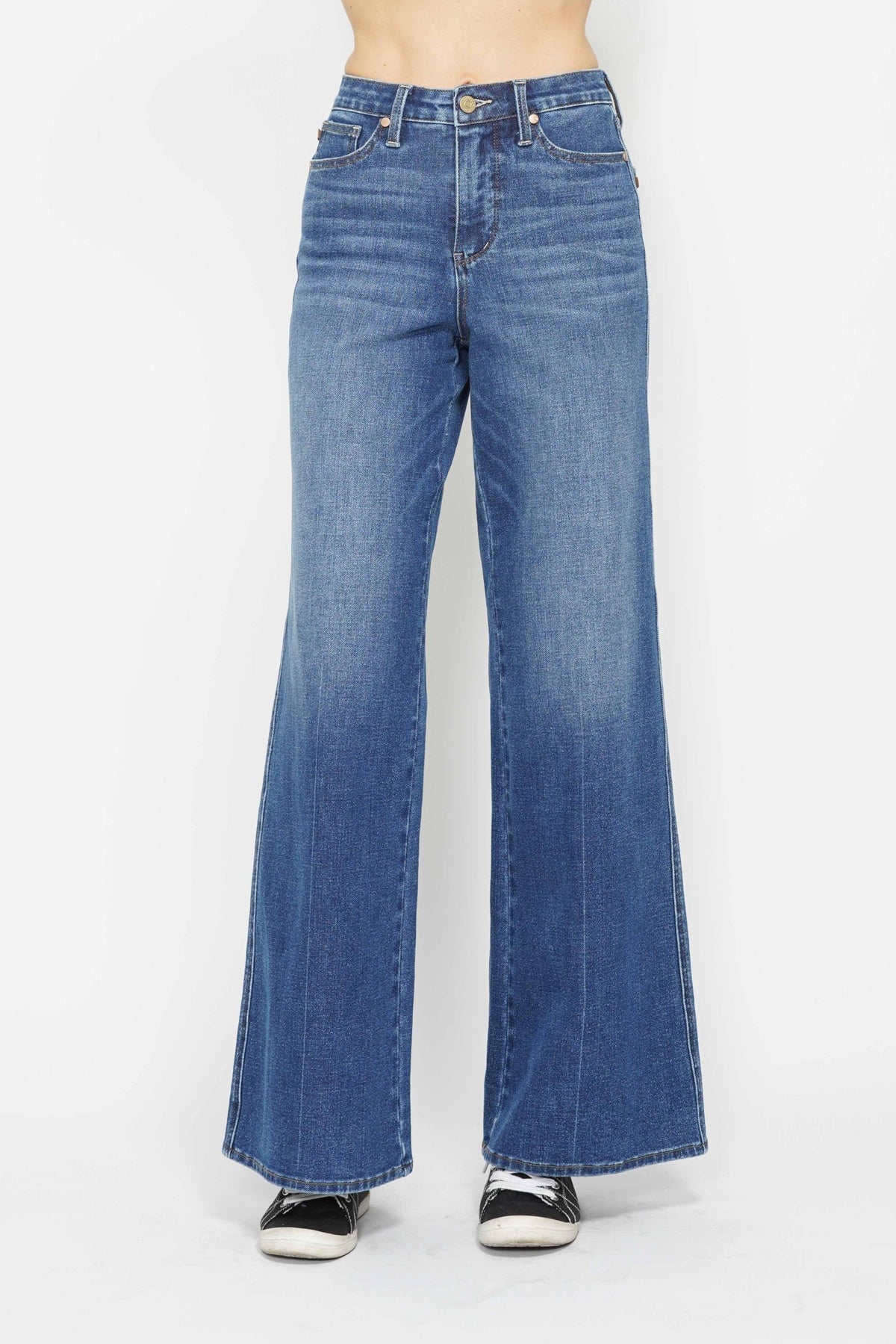 juddy blue high rise tummy control retro wide leg jeans in dark wash-front