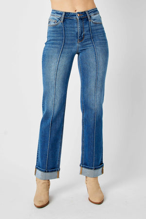 Judy Blue High Waist Front Seam Cuff Detail Straight Jeans