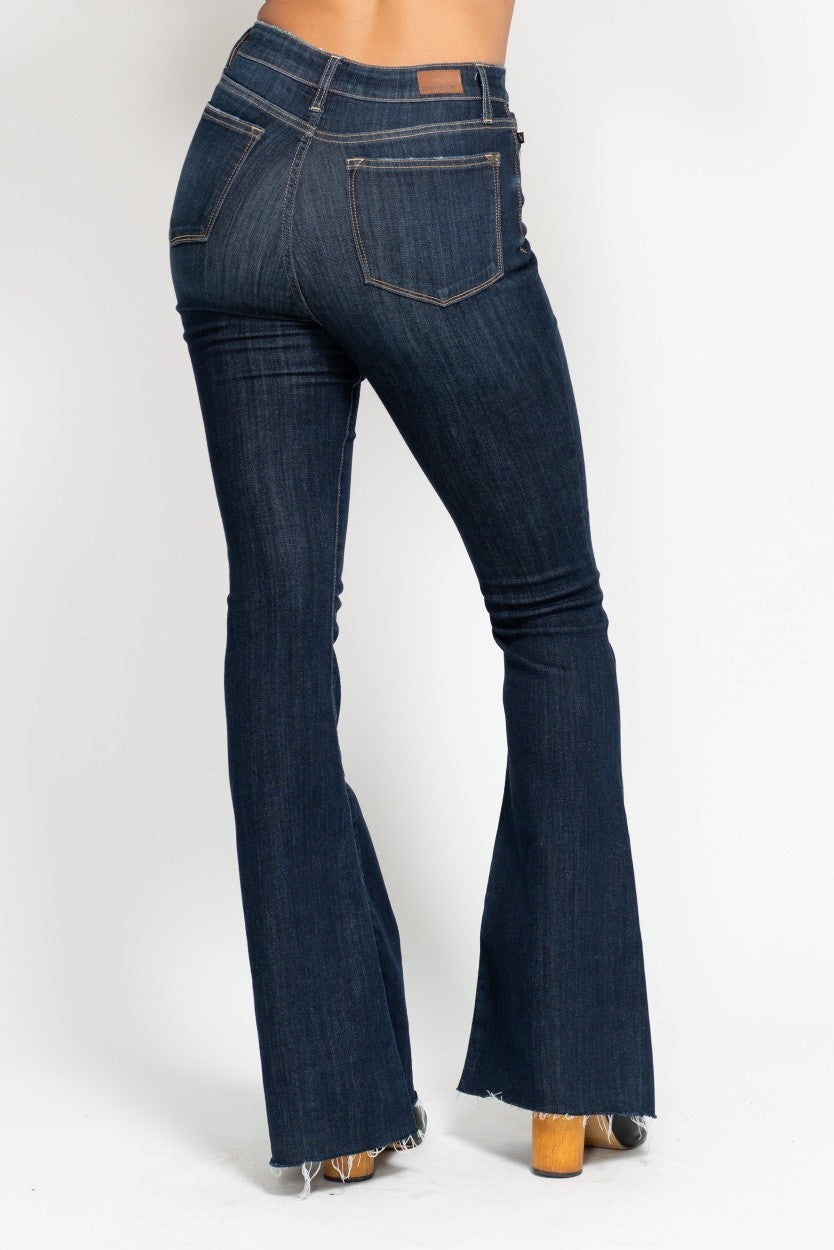 Judy Blue High Waist Raw Hem Flare Jeans in dark wash-back