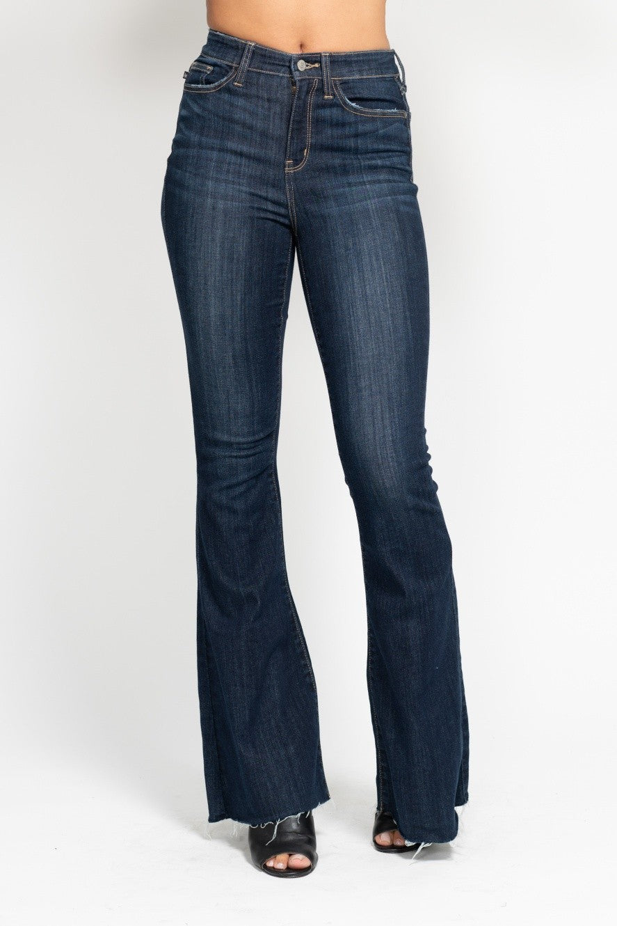 Judy Blue High Waist Raw Hem Flare Jeans in dark wash-front