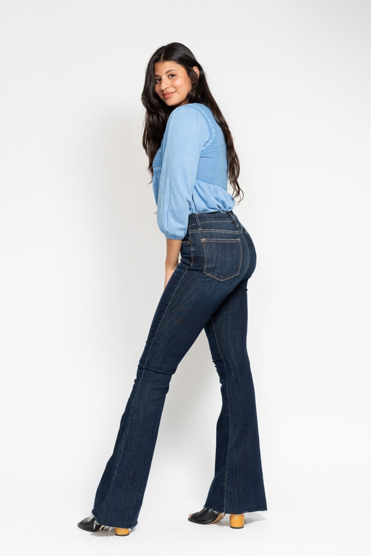 Judy Blue High Waist Raw Hem Flare Jeans in dark wash-side