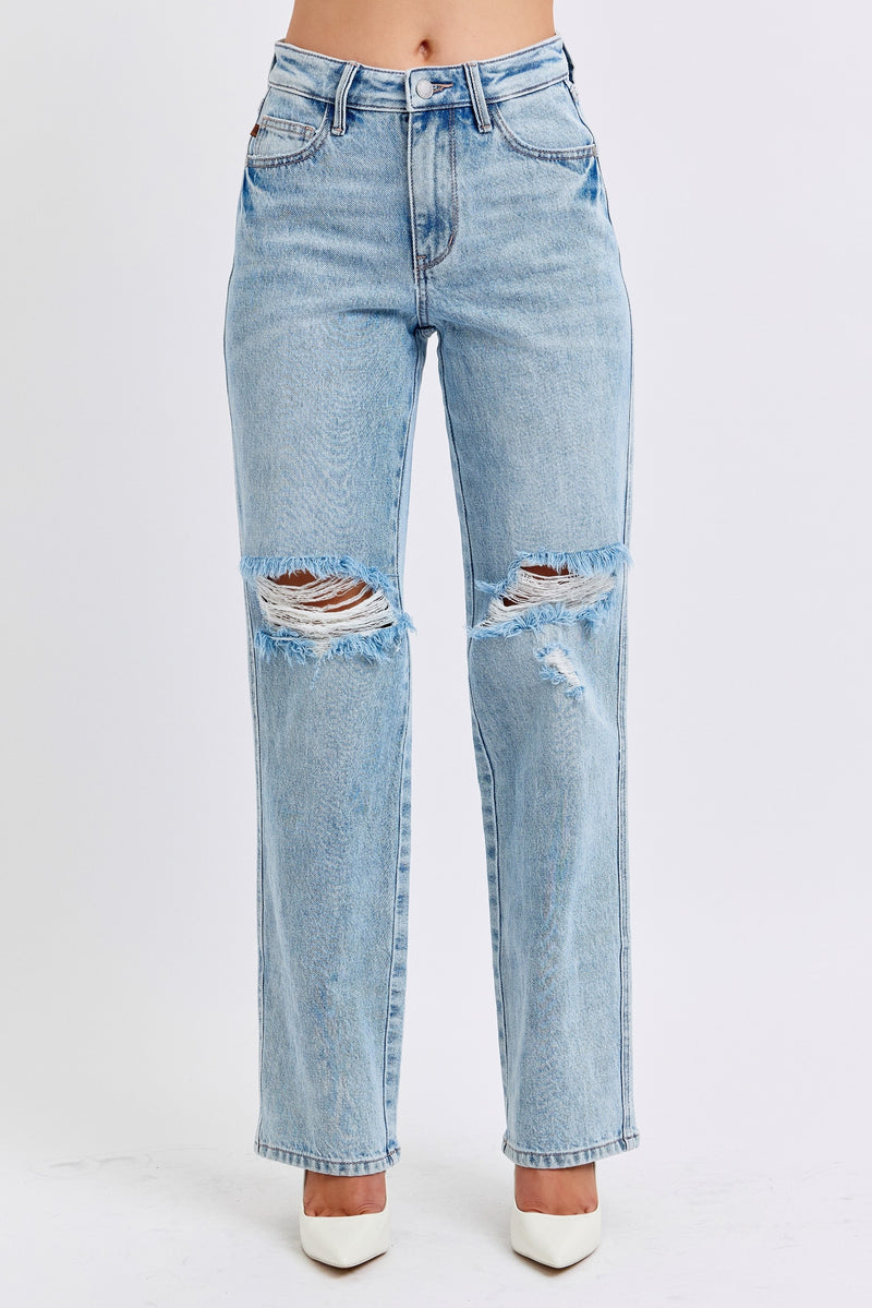 Judy Blue High Waist Rigid Destroy 90's Straight Jeans  in light wash-front