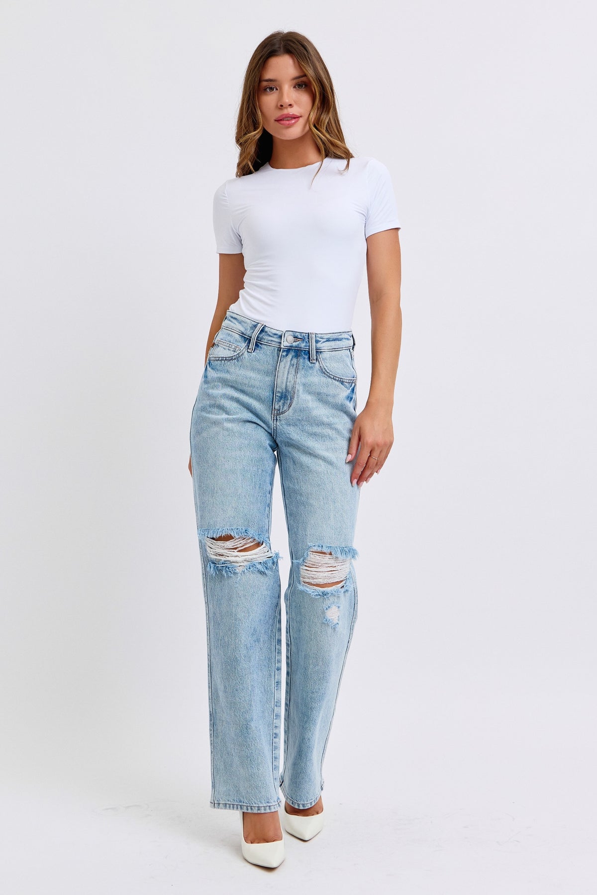 Judy Blue High Waist Rigid Destroy 90's Straight Jeans  in light wash-front detail