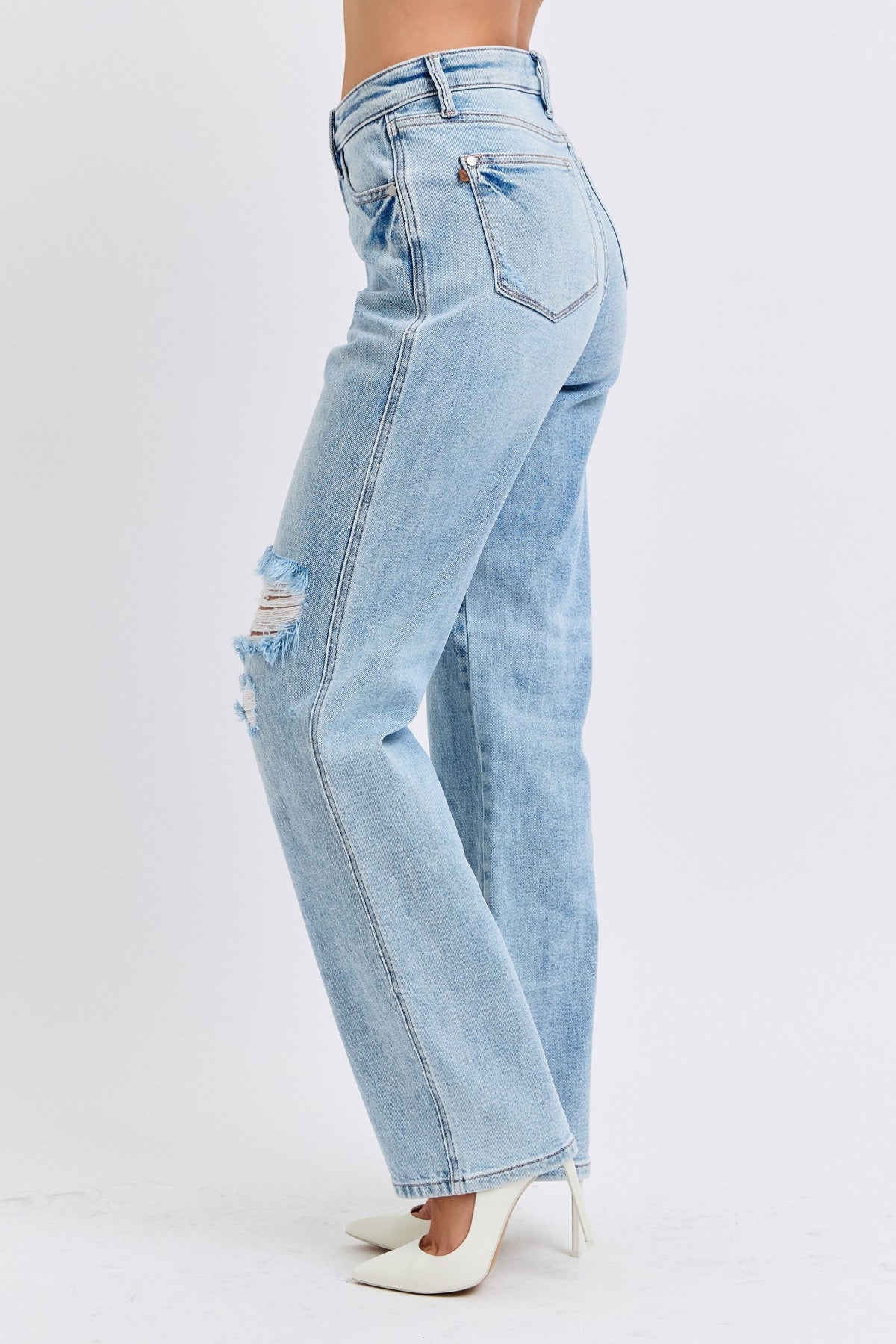 Judy Blue High Waist Rigid Destroy 90's Straight Jeans  in light wash-side