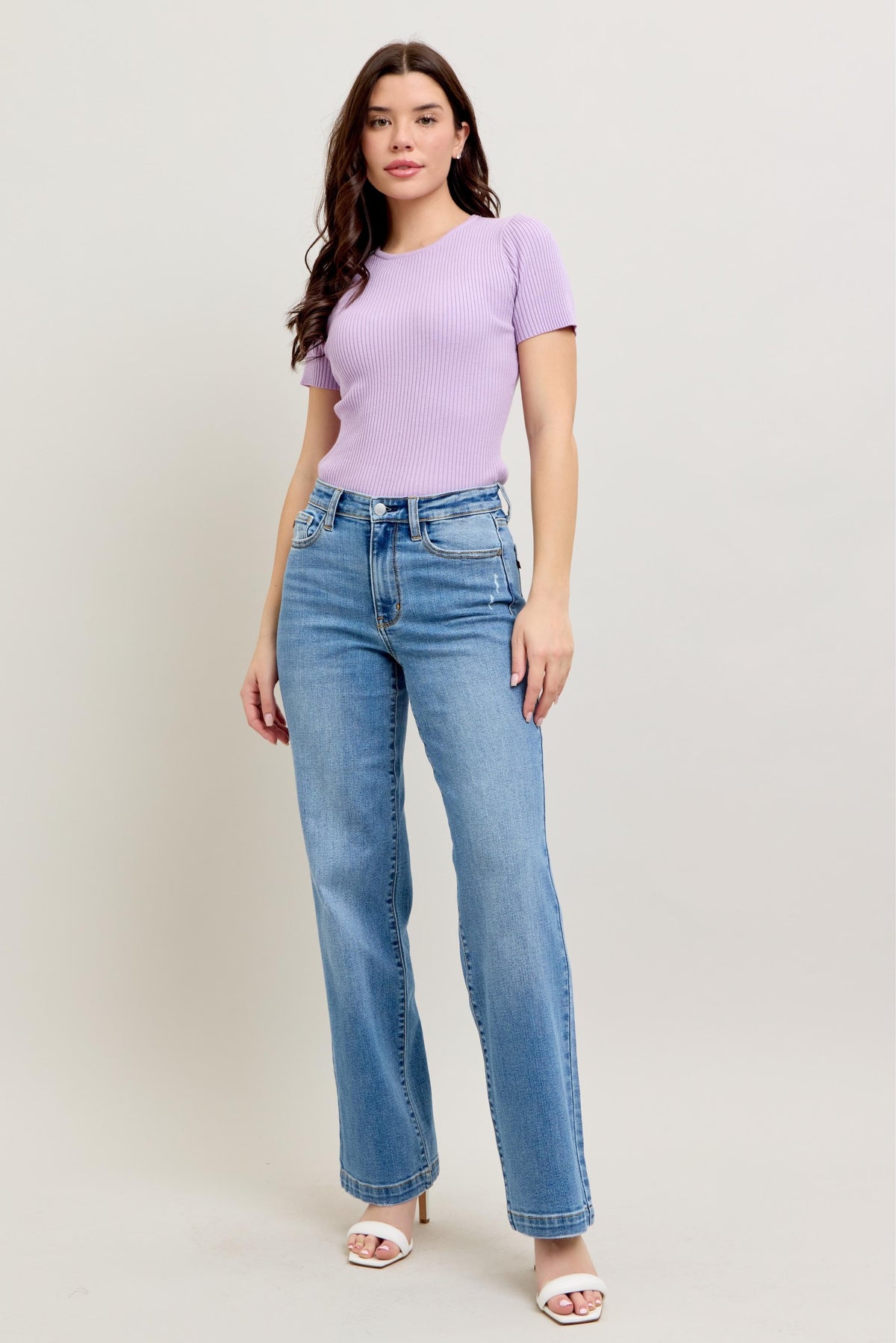 Judy Blue High Waist Trouser Straight Fit Jeans  in medium wash