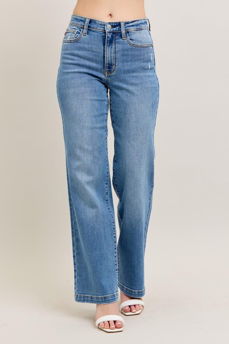 Judy Blue High Waist Trouser Straight Fit Jeans  in medium wash