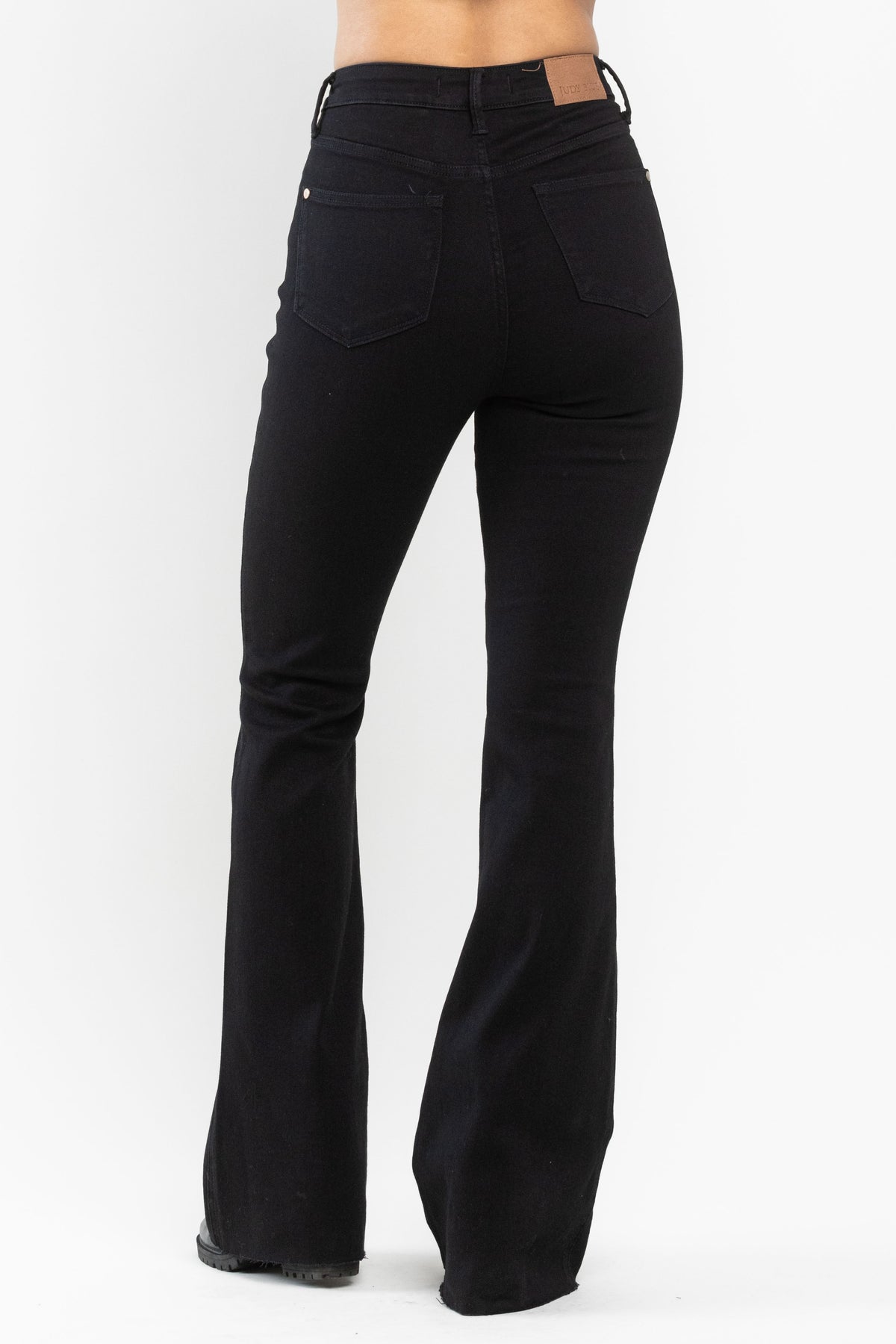 judy blue high waist tummy control hem flare jeans in black-back