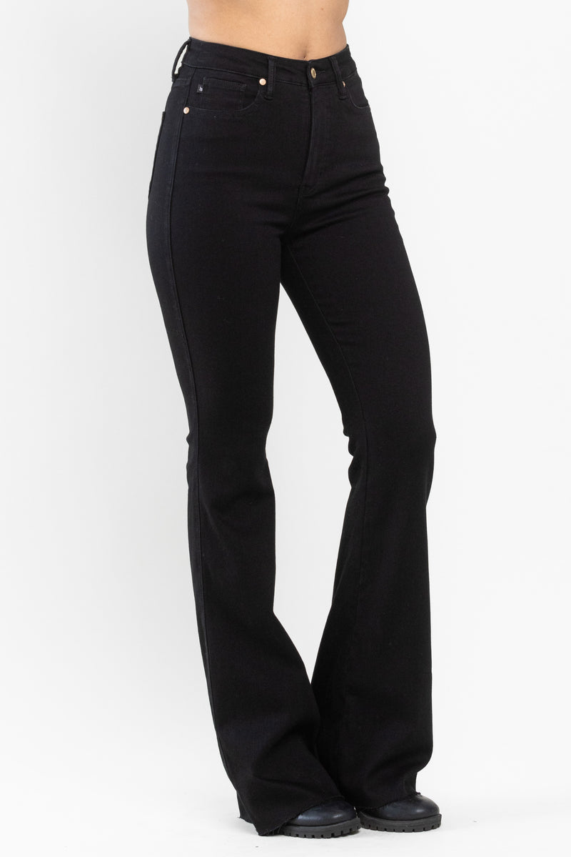 judy blue high waist tummy control hem flare jeans in black-side