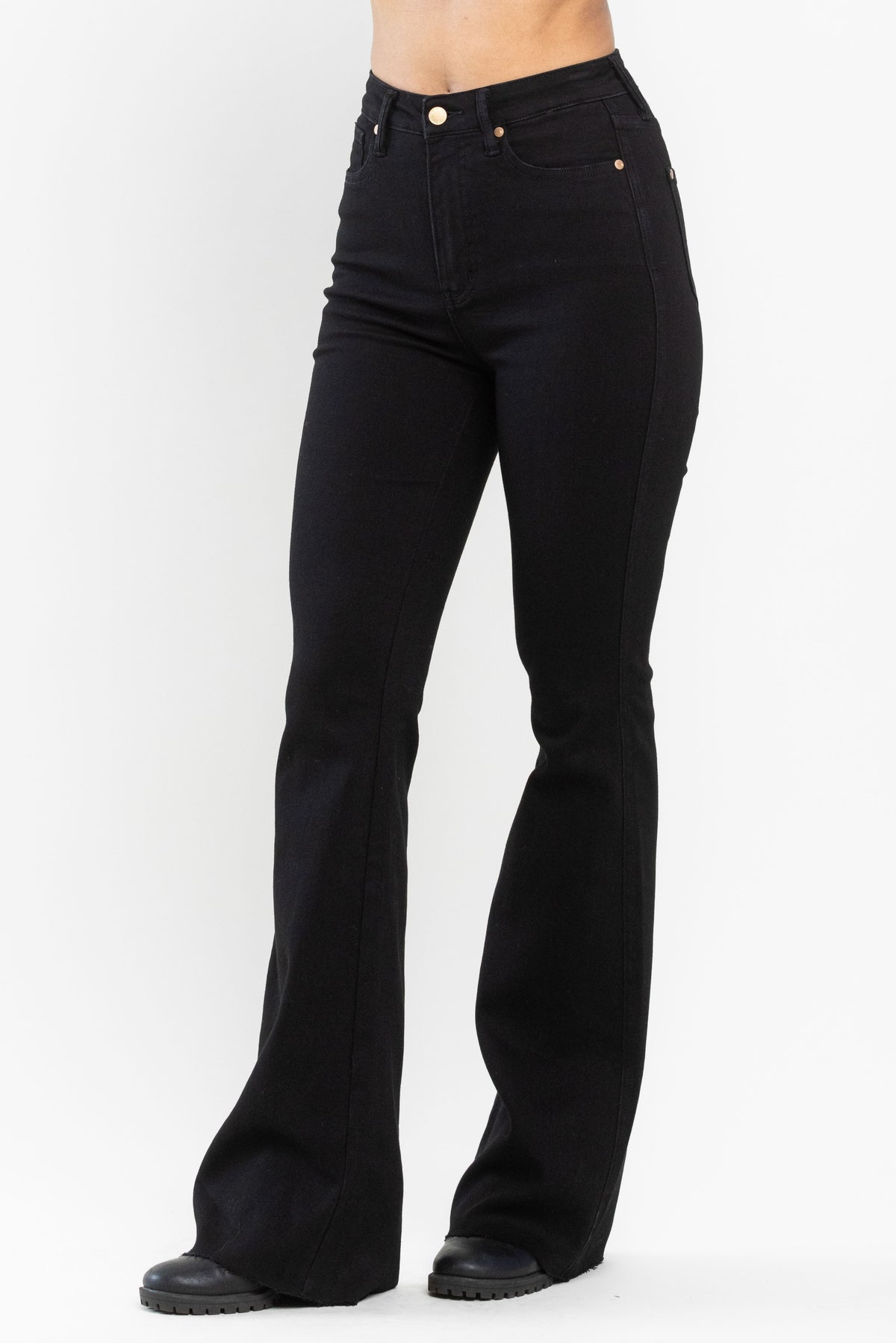 judy blue high waist tummy control hem flare jeans in black-side