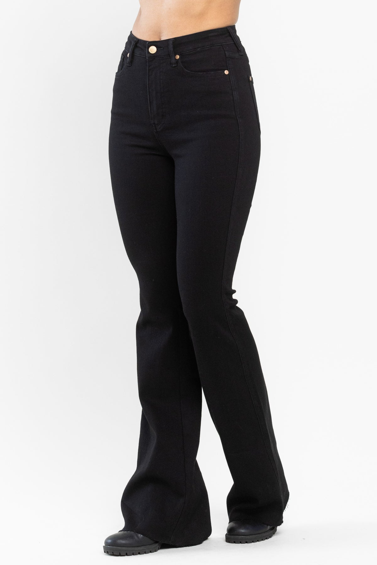 judy blue high waist tummy control hem flare jeans in black-side