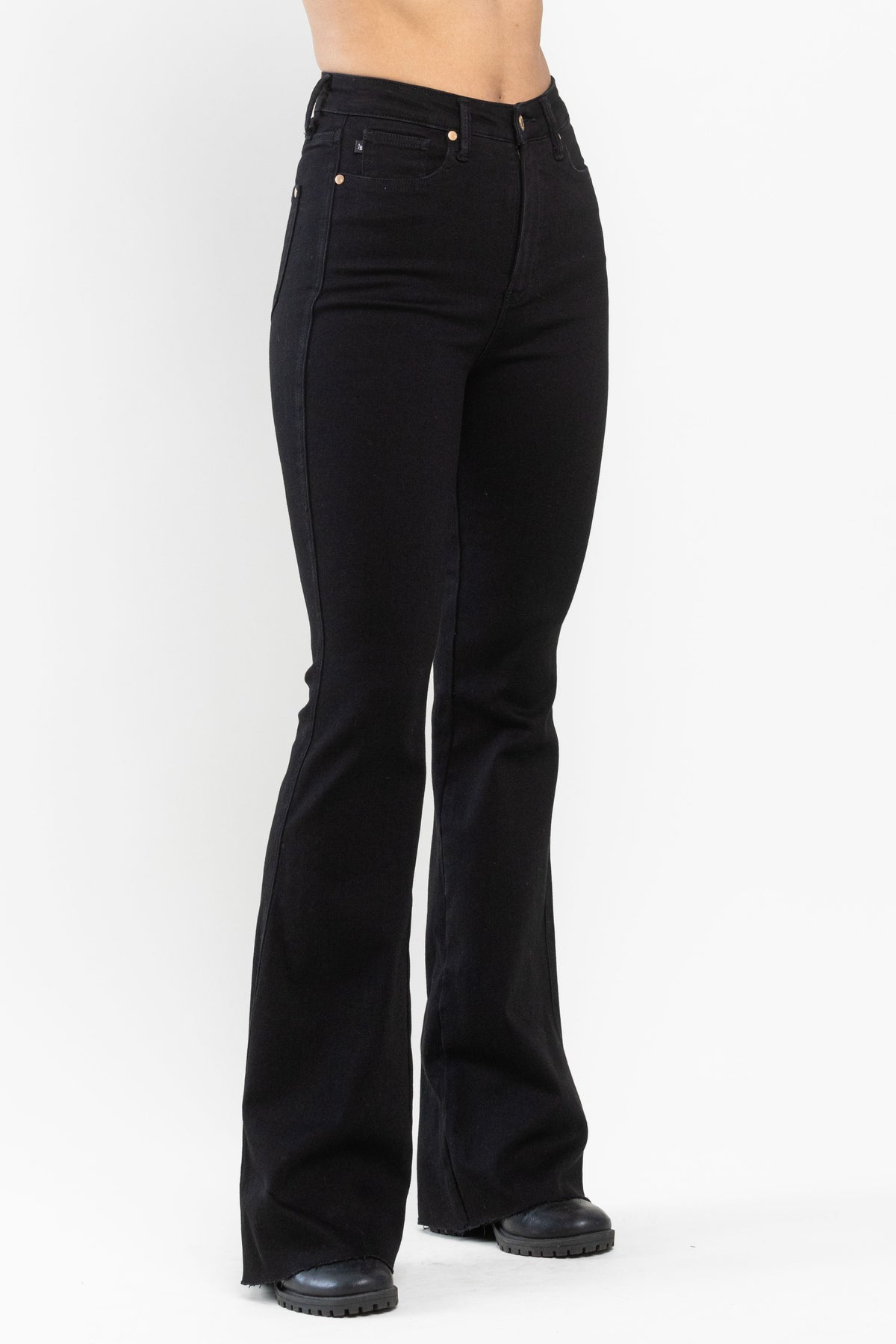 judy blue high waist tummy control hem flare jeans in black-side