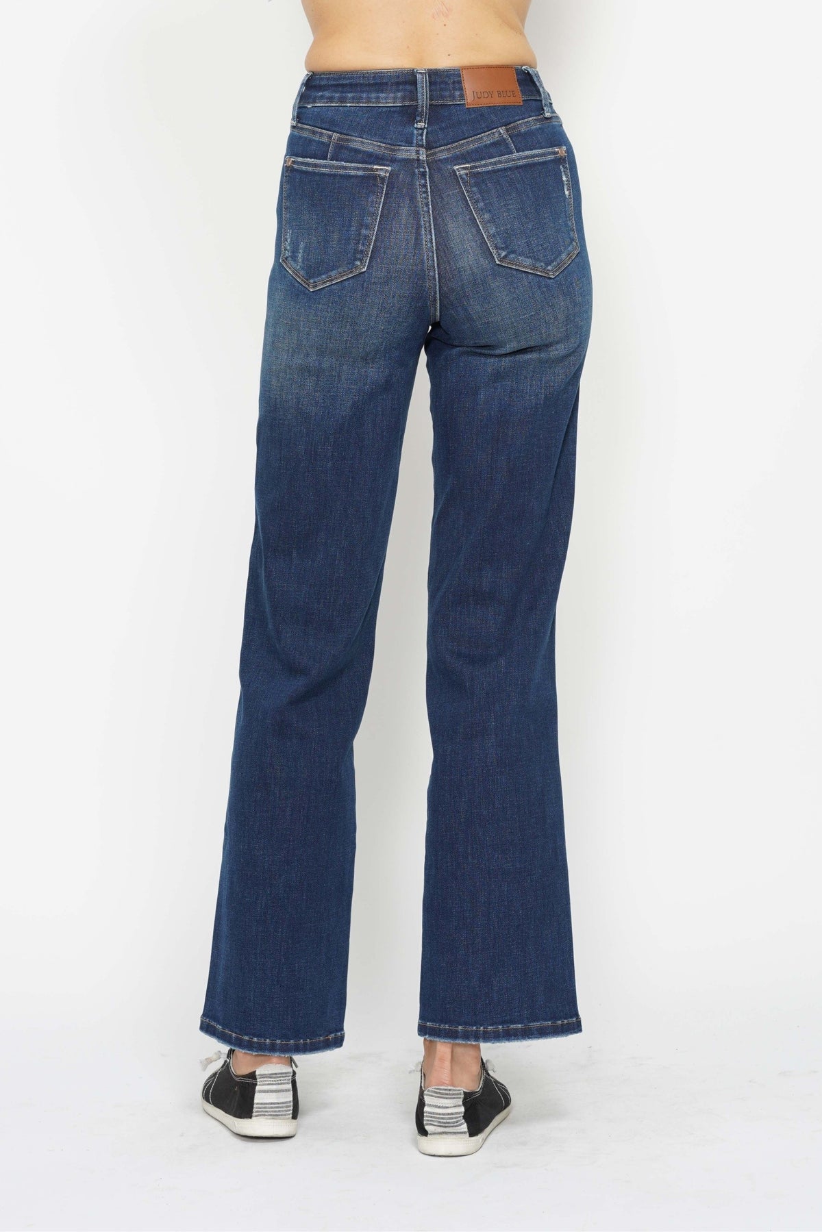 judy blue high waited tummy control classic straight jeans in dark wash-back