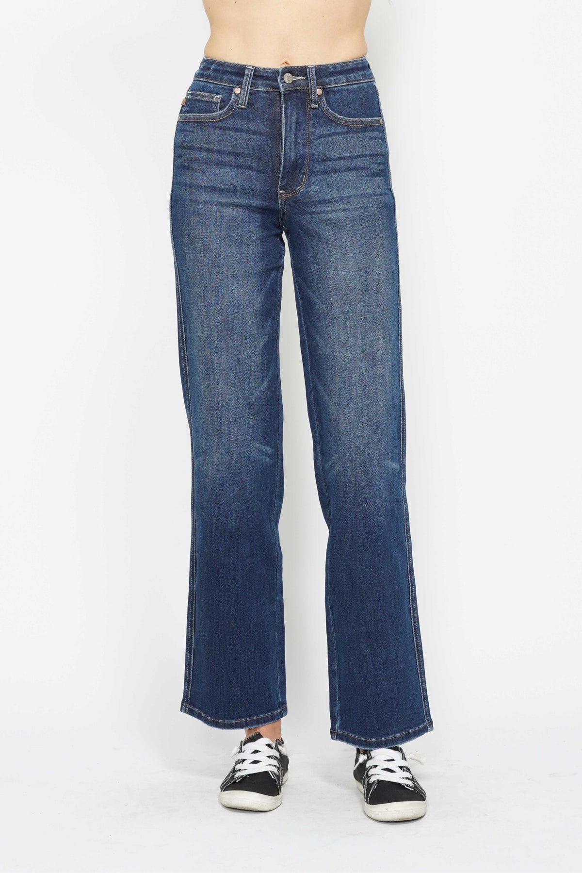 judy blue high waited tummy control classic straight jeans in dark wash-front